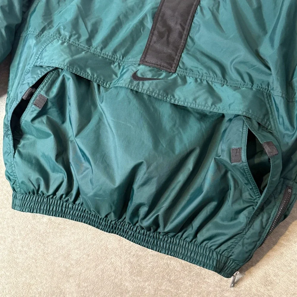 VTG Nike 90s Anorak Jacket Green Black Big Swoosh Quilted‎ L Pullover Kangaroo